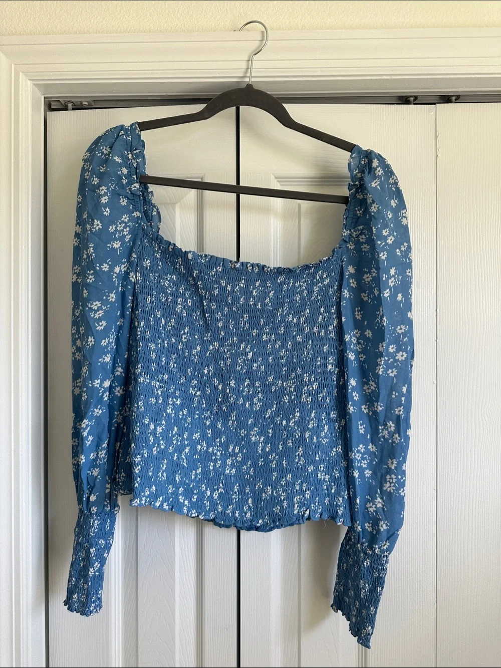Reformation Blue Floral Smocked Puff-Sleeve Top